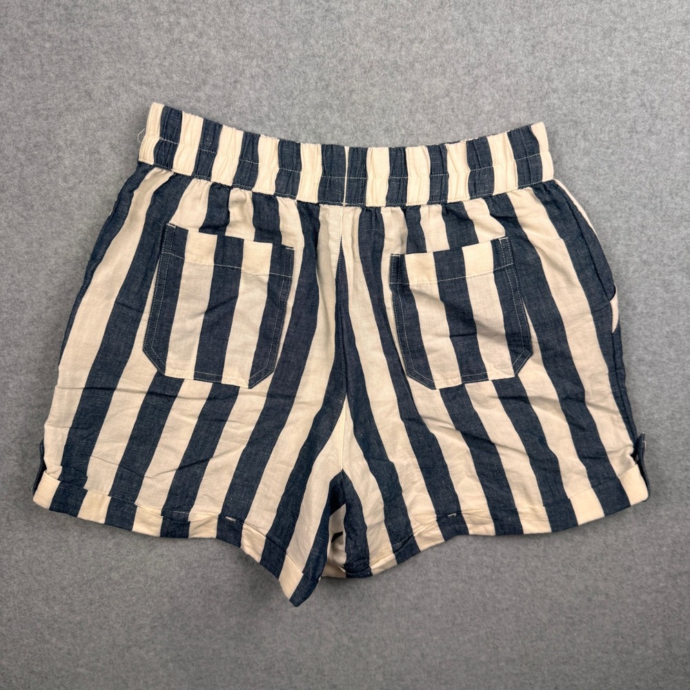 Pact Shorts Womens Small Navy Blue Cream Linen Blend Striped Pull On Nautical - Picture 2 of 8